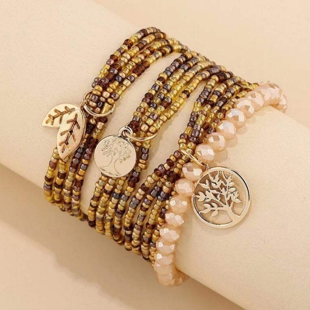 Boho Beaded Charm Earth Tone Stretchy Bracelet Set NWT